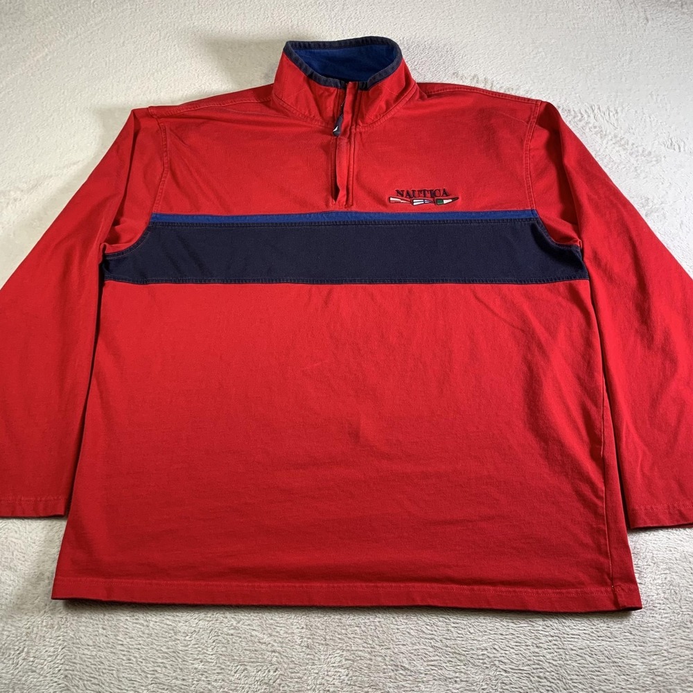 VTG Nautica Sweatshirt Mens 2XL Red 1/4 Zip Pullover Nautical Stripe Mock‎ Neck